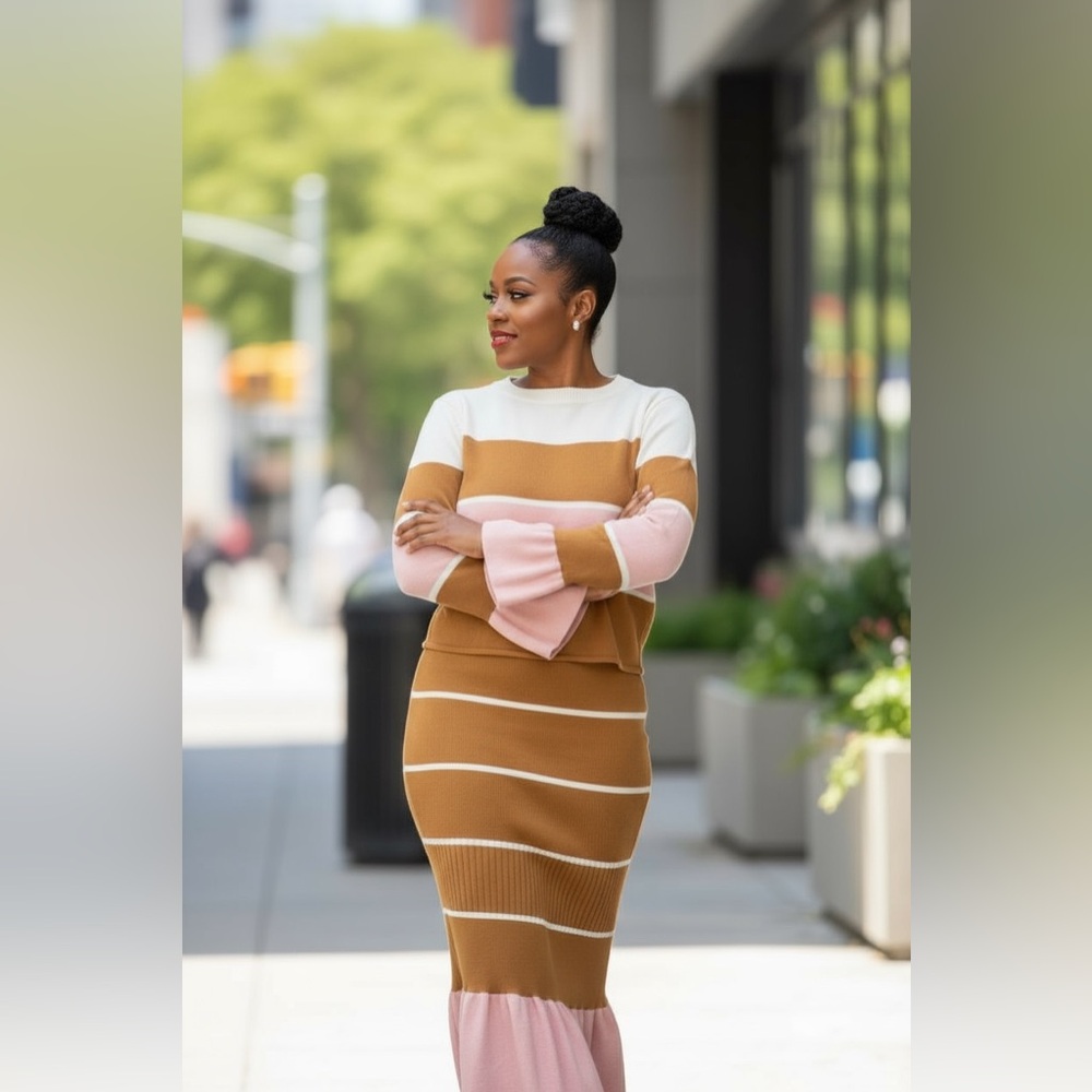Elegant Women's Striped knit Pencil Skirt and sweater set in Tan and Pink